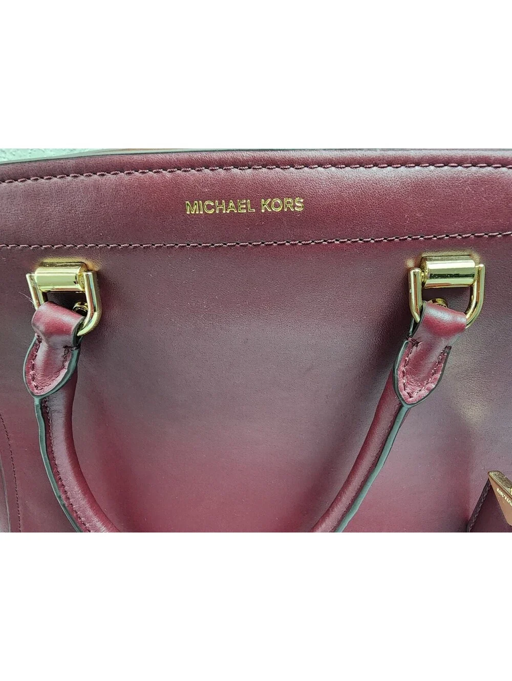 👜MICHAEL KORS BENNING LARGE LEATHER SATCHEL BURGUNDY GOLD HARDWARE SHOULDER BAG